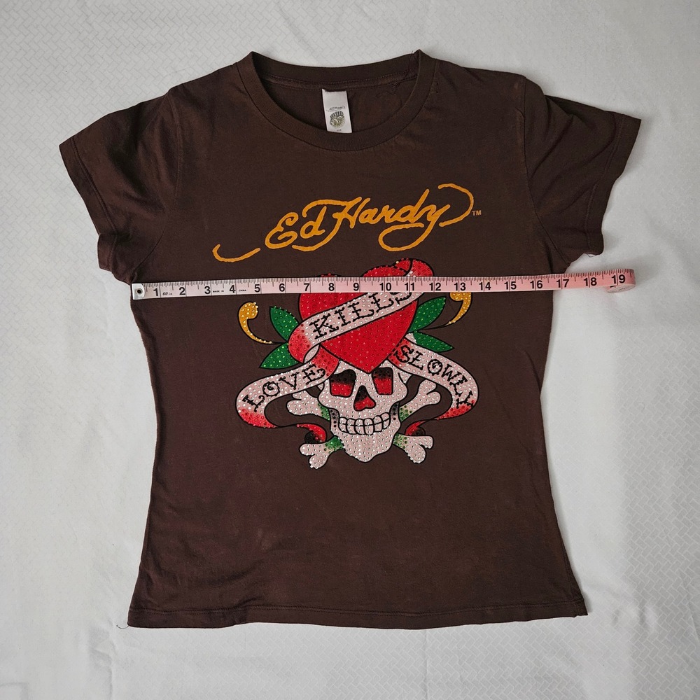 Y2k Ed Hardy Shirt Women M Brown Love Kills‎ Rhinestone Skull Grunge Skater - Picture 5 of 6